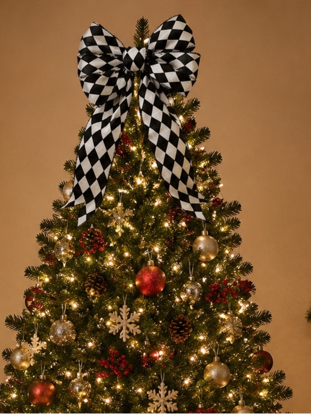 Harlequin diamond black & white large Christmas tree bows 4 total NEW NWT